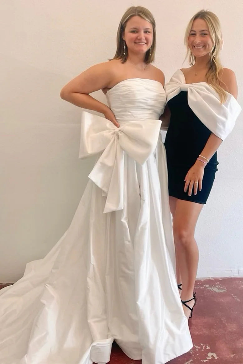 Vestido de fiesta con hombros descubiertos, corte A, sin tirantes, abertura con lazo y cola